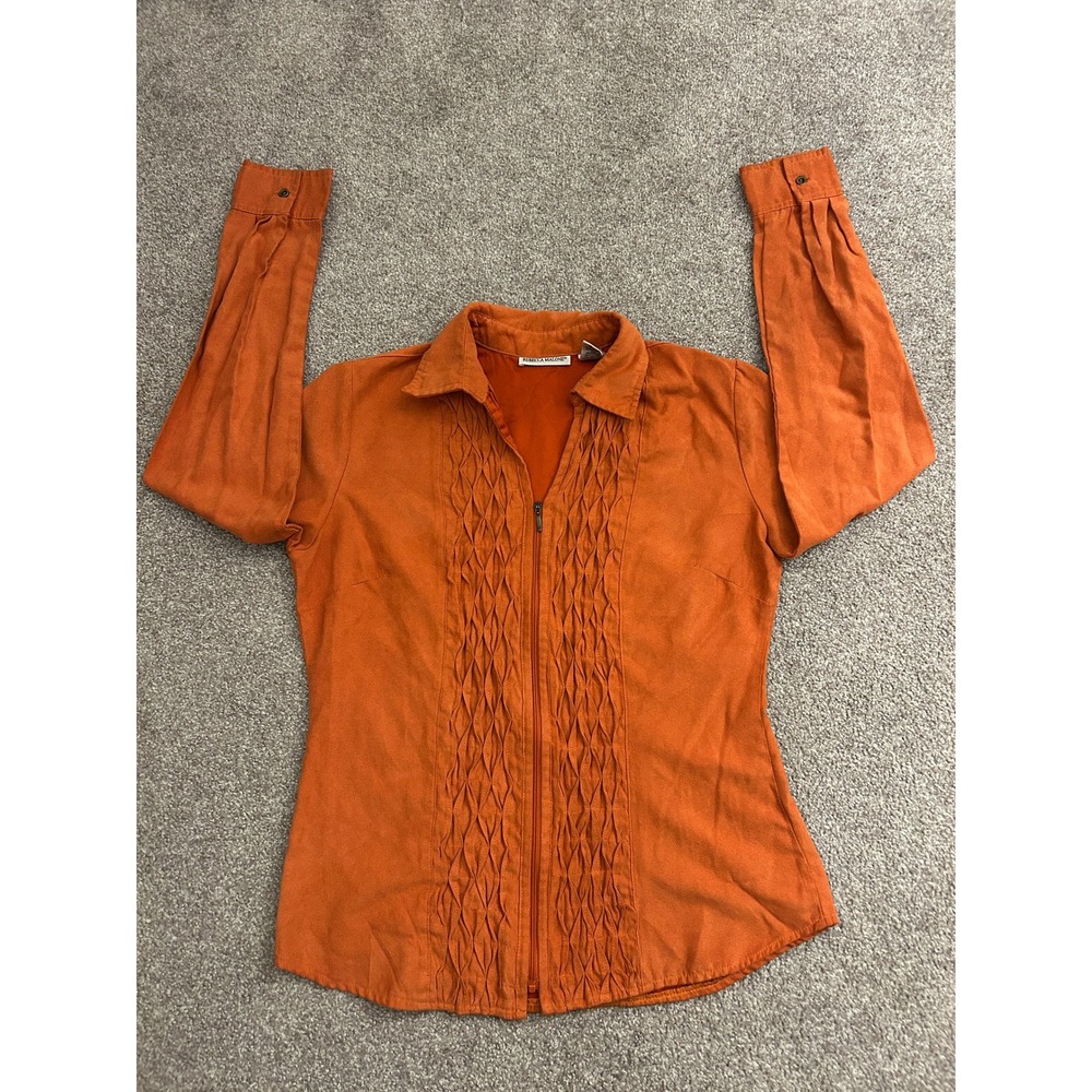 Rebecca Malone Zip Up Shirt Womens Small Orange Excellent Smocked Faux Suede Top